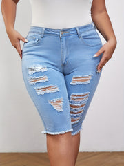 Casual Jeans Women's Plus Ripped Fringe Trim Button Fly Jeans