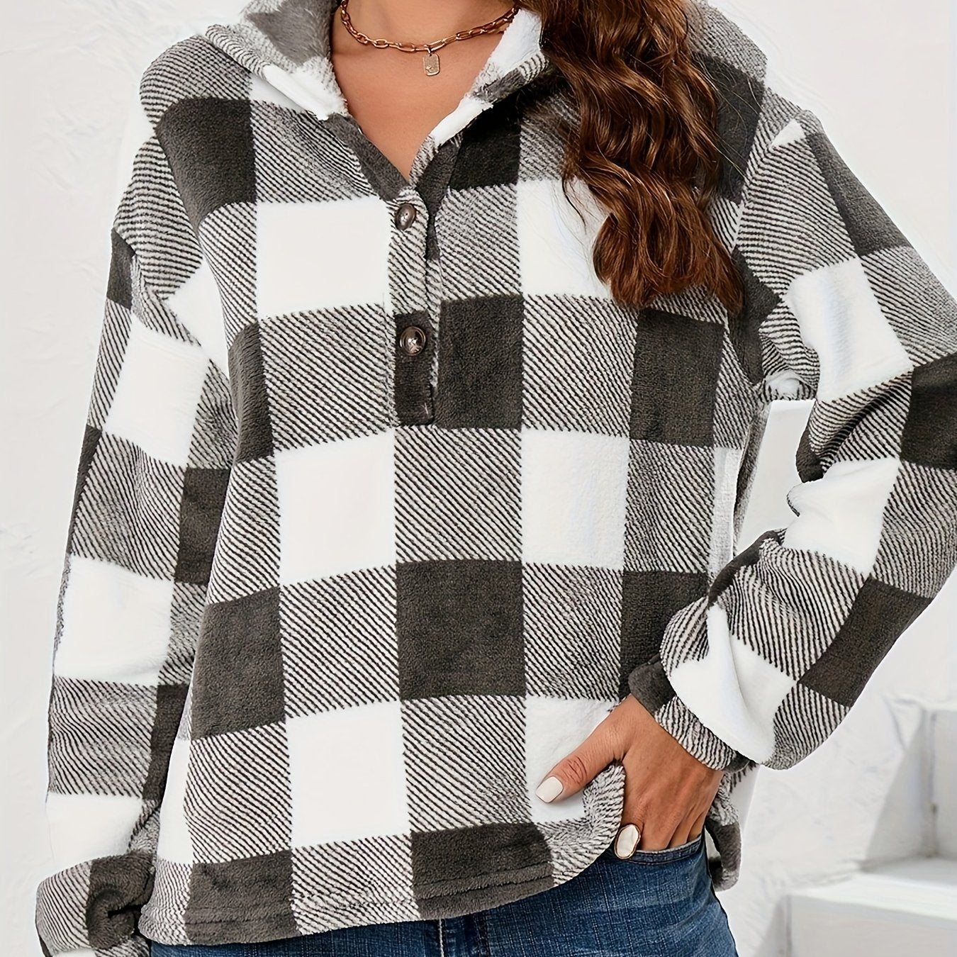 Plaid Button Front Hoodie Long Sleeve Sweatshirt