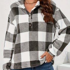 Plaid Button Front Hoodie Long Sleeve Sweatshirt