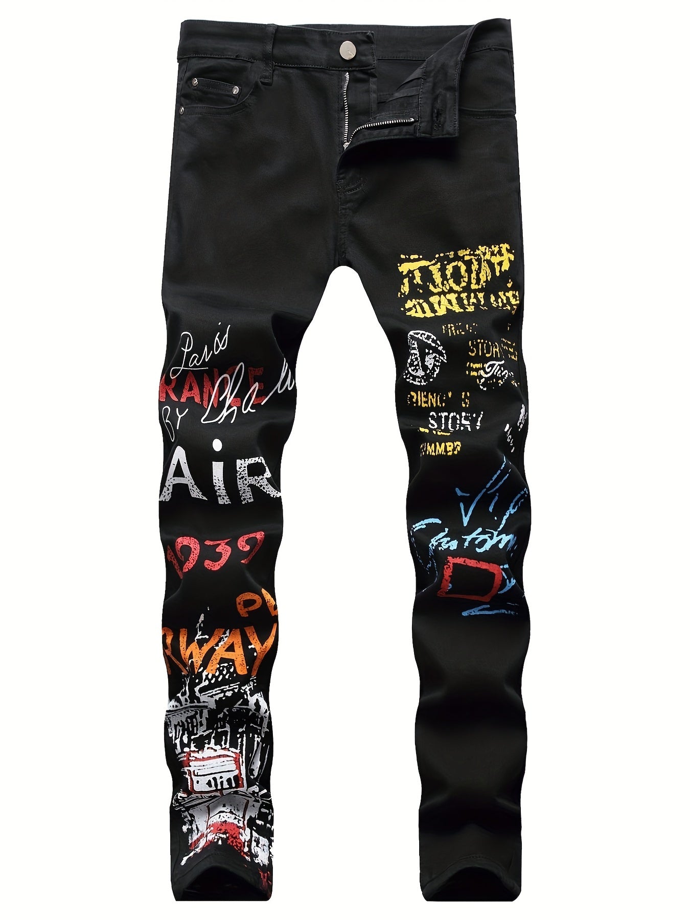Boys Graffiti Letter Print Stretch Jeans Skinny Slim Fit Denim
