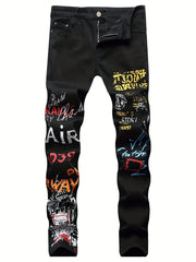 Boys Graffiti Letter Print Stretch Jeans Skinny Slim Fit Denim