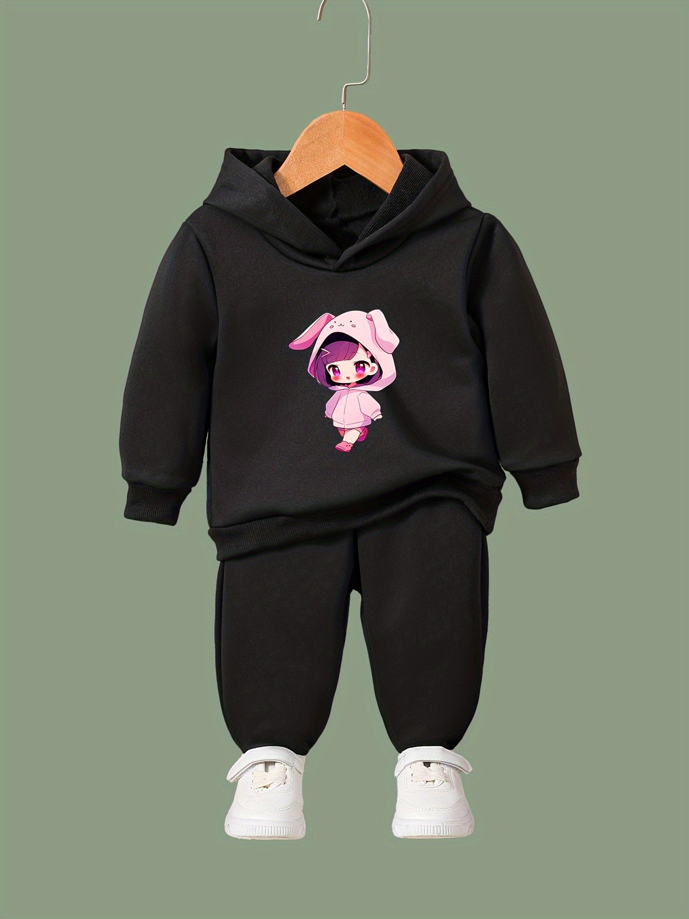 Anime Girl Pattern Long Sleeve Hooded Sweatshirt & Sweatpants