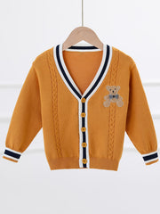 Boys Bear Embroidered Cardigan Sweater Long Sleeve Crew Neck Tops
