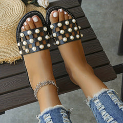 Pearl Decor Slides Hollow Out Sandals Summer Flat Shoes
