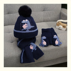 Kids Dinosaur 3-Piece Knit Set: Hat, Scarf, Gloves