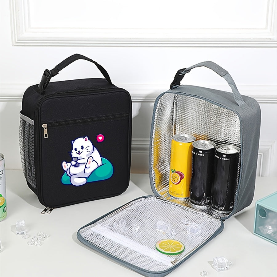 Cat Print Bento Bag Insulated Lunch Box Zipper Closure Large Capacity