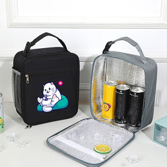 Cat Print Bento Bag Insulated Lunch Box Zipper Closure Large Capacity