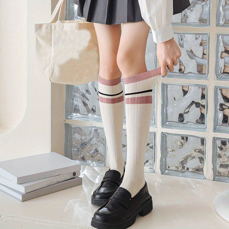 3 Pairs Colorblock Striped Calf Socks College Style Knee High Socks Women's