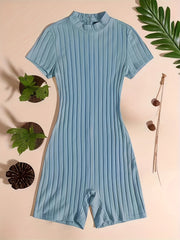 Ribbed Lounge Romper Short Sleeve Zipper Romper Women's Loungewear