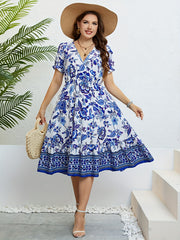 Colorblock Floral Print Puff Sleeve V Neck Midi Dress
