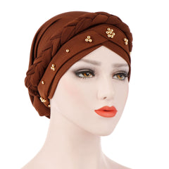 Soft Turban Cap Women Braid Beads Decor Hijab Head Scarf Hat