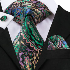 Paisley Silk Tie Set Jacquard Woven Necktie Hanky Cufflinks