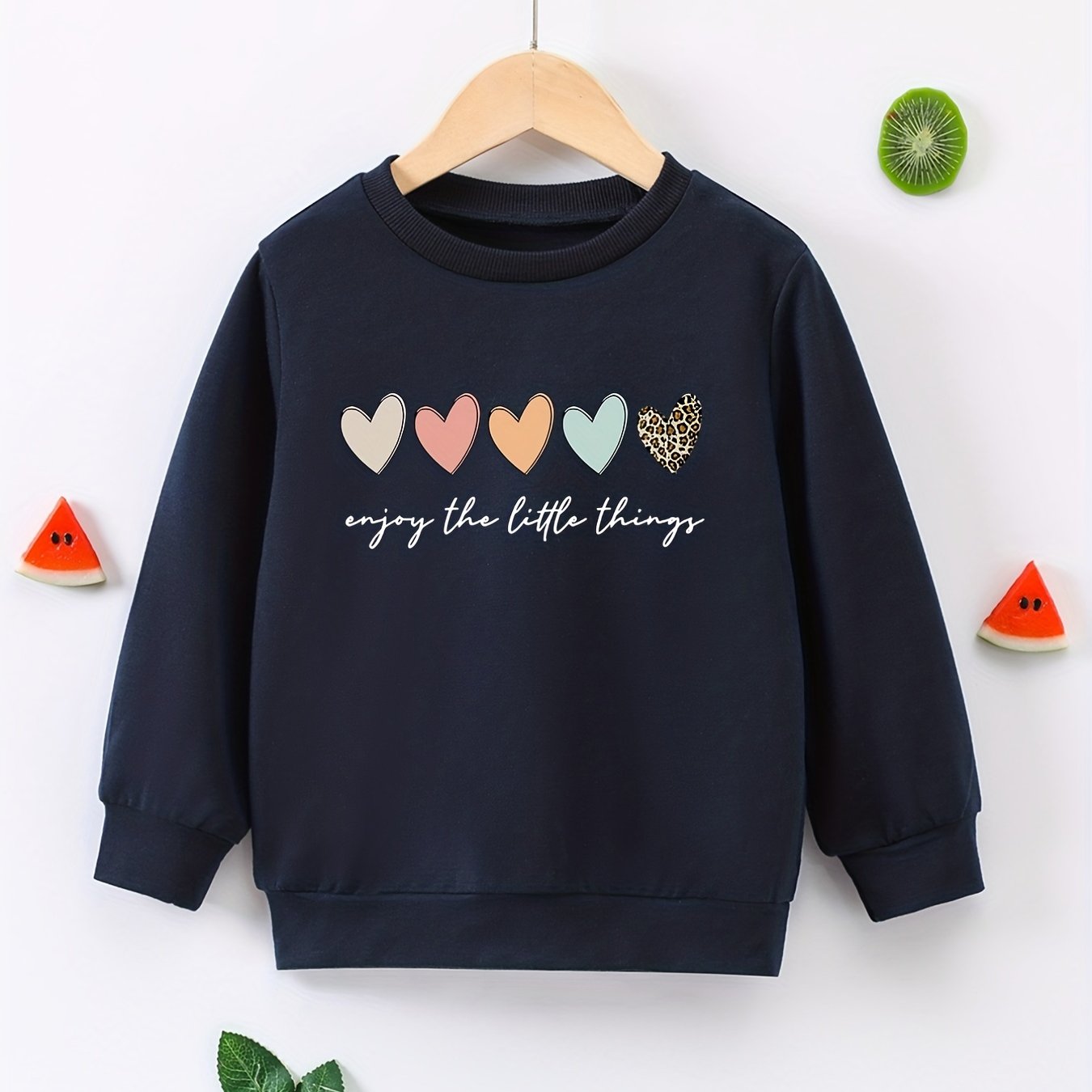 Colorful Hearts Graphic Girls Sweatshirt Casual Comfort Fit Kids Top