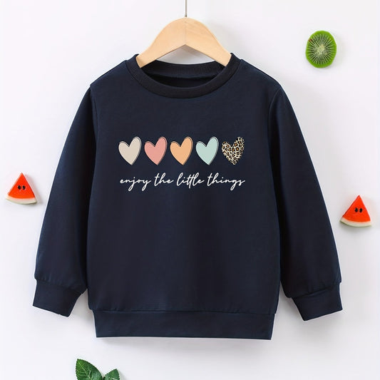 Colorful Hearts Graphic Girls Sweatshirt Casual Comfort Fit Kids Top
