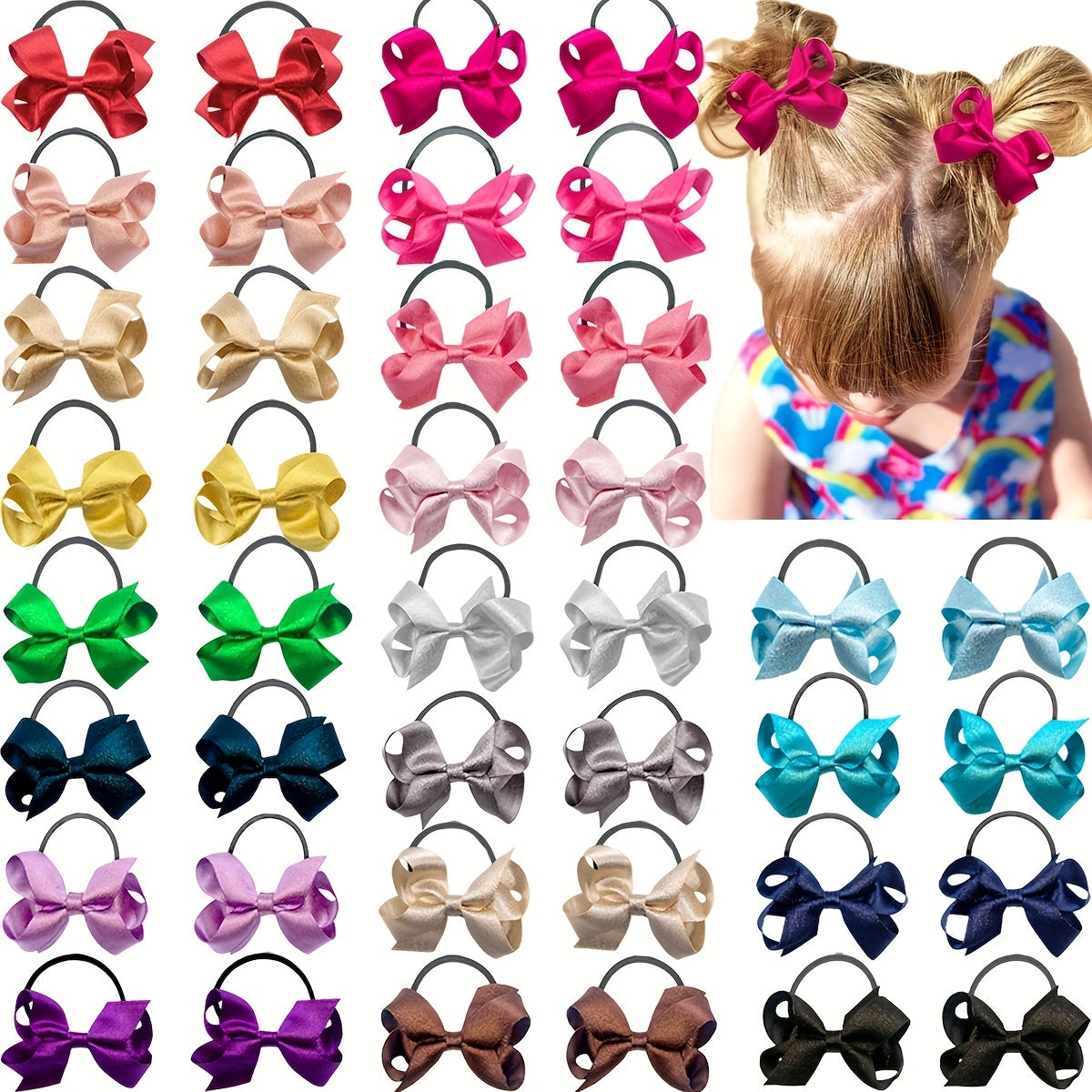 40pcs Glitter Silky Ribbon Bows Hair Tie Elastic Ties Hair Bands For Baby Girls