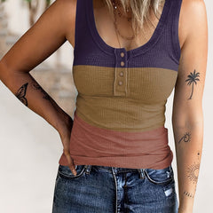 Scoop Neck Sleeveless Tank Top Casual Block Button Front