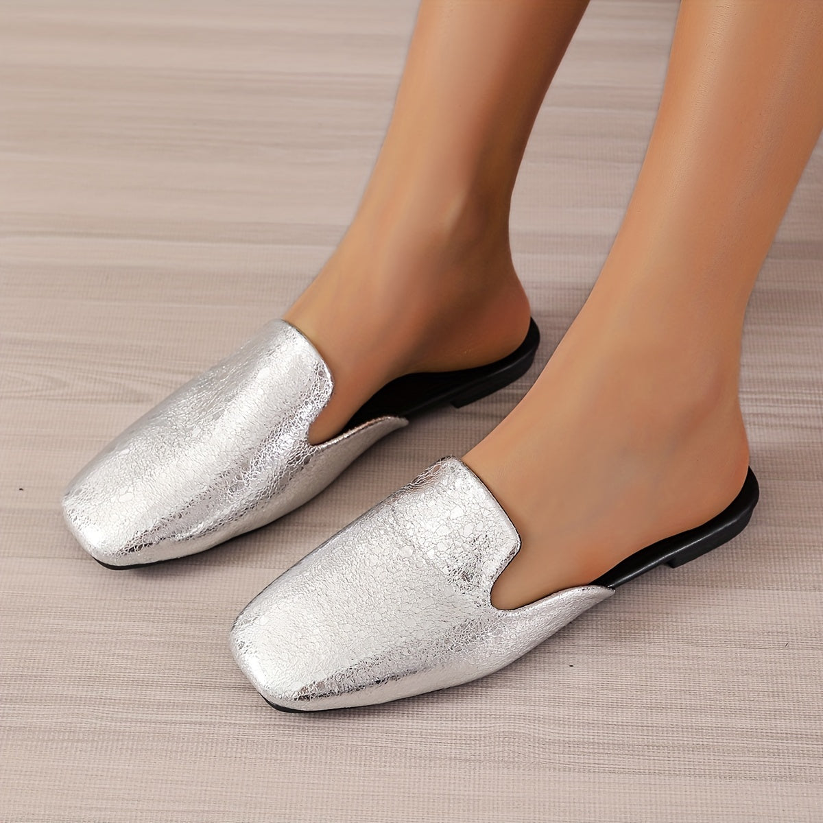 Women's Silver Faux Leather Mules Square Toe Slip On Outdoor Shoes