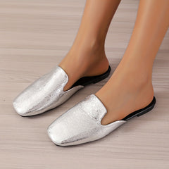 Women's Silver Faux Leather Mules Square Toe Slip On Outdoor Shoes