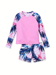 Tropical Plants 2pc Long Sleeve Swimsuit Set for Girls