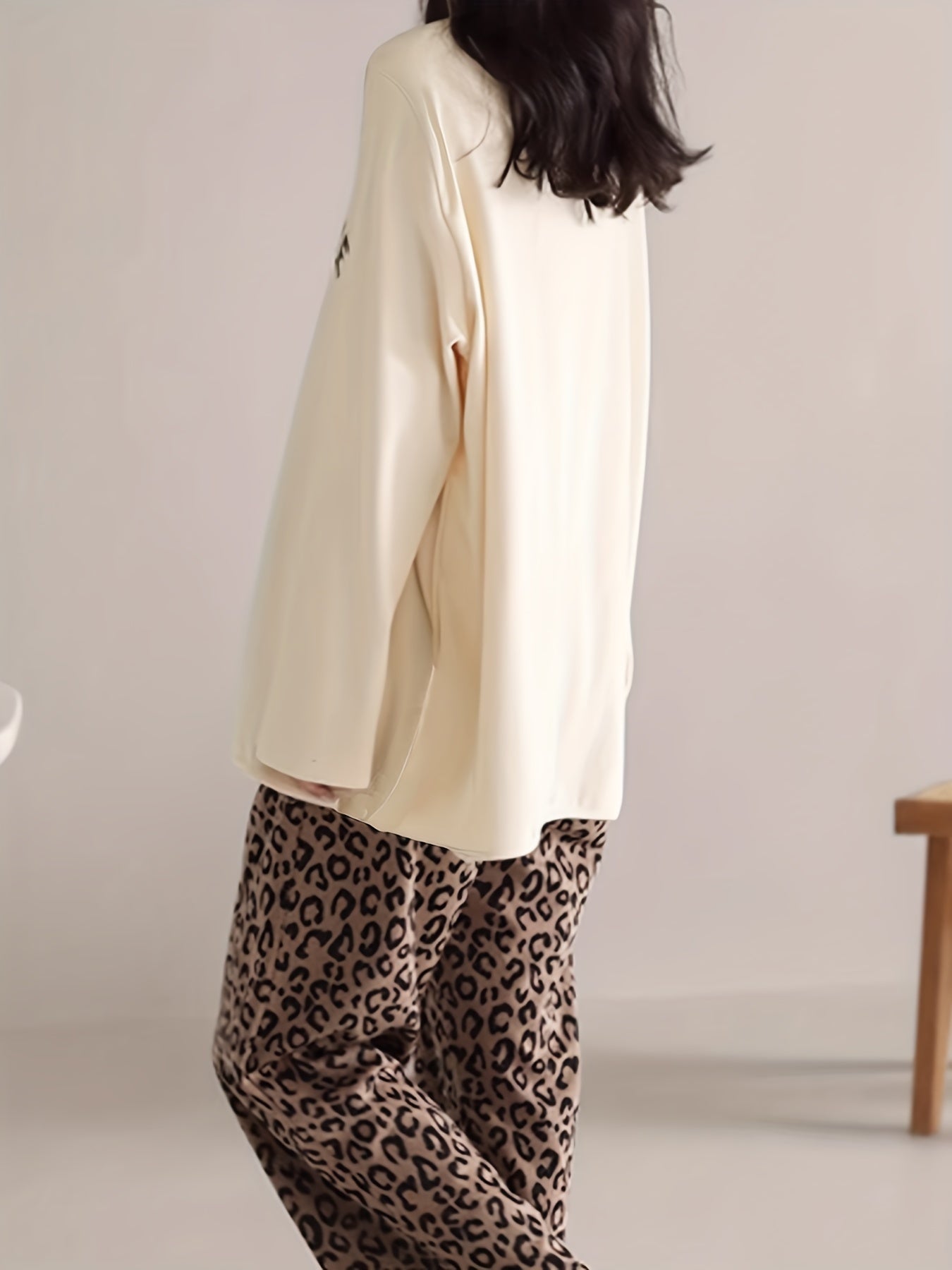 Bear Print Pajama Set Long Sleeve Top & Leopard Pants