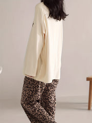 Bear Print Pajama Set Long Sleeve Top & Leopard Pants