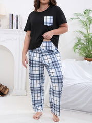 Plaid Print Tee & Pants Lounge Set - Women's Casual 2 Piece