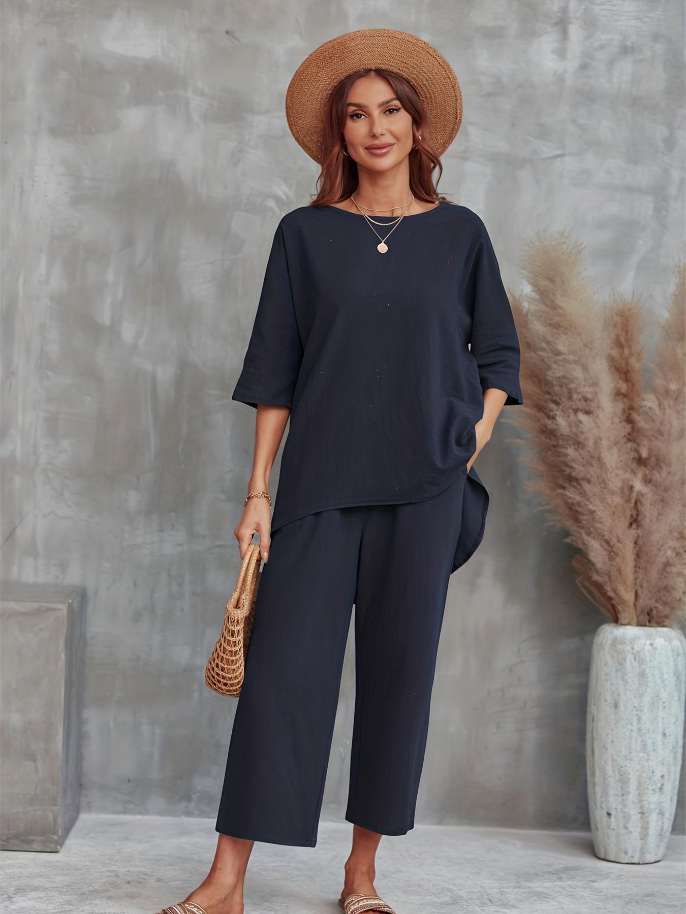 Solid Est Crew Neck 3 4 Sleeve Tops & Wide Leg Pants Outfit Women's Clothing