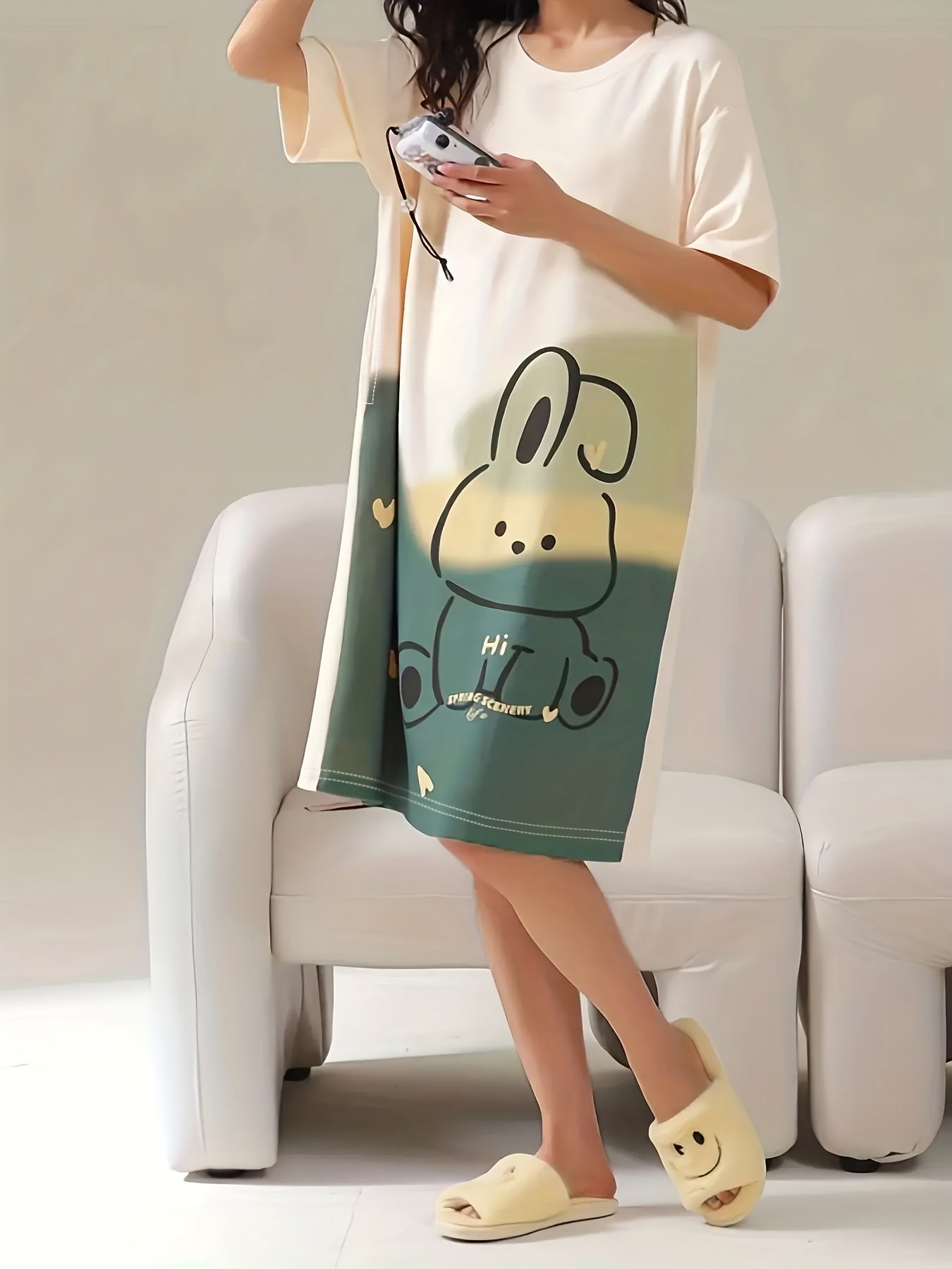 Bunny Print Lounge Dress Soft & Comfy Short Sleeve Home Dress