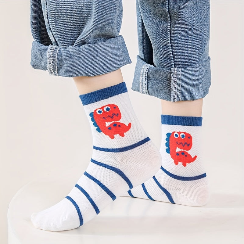 5 Pairs Boys Dino Pattern Crew Socks Breathable Mesh Kids Spring Socks