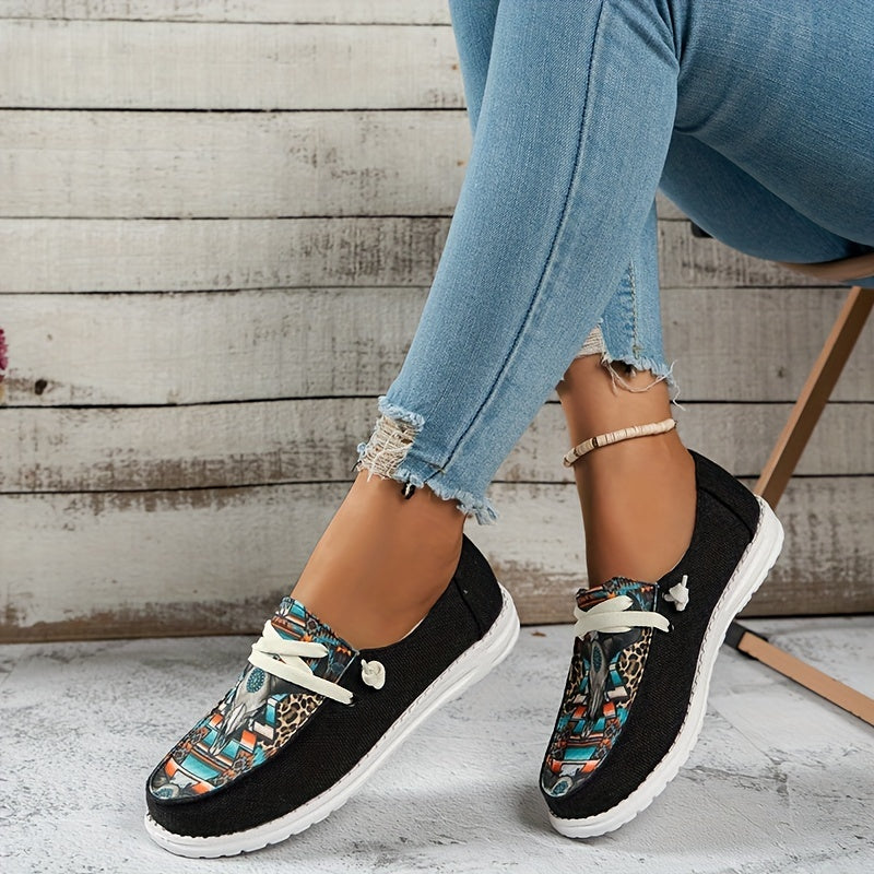 Cow Head & Leopard Print Canvas Loafers Women's Casual Flat Sneakers