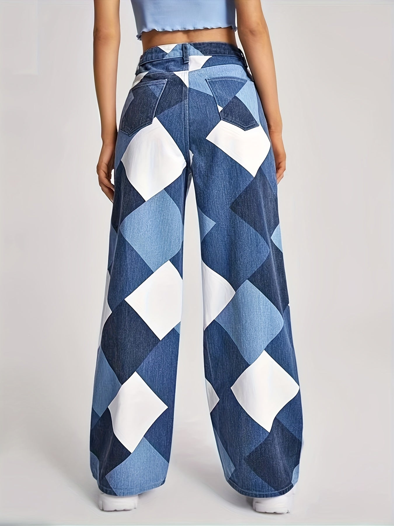 Geometric Print Straight Jeans Loose Fit Denim Pants