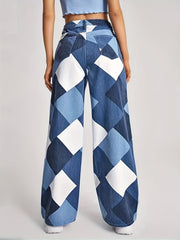 Geometric Print Straight Jeans Loose Fit Denim Pants