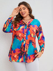 Tie Dye Button Up Long Sleeve V Neck Top
