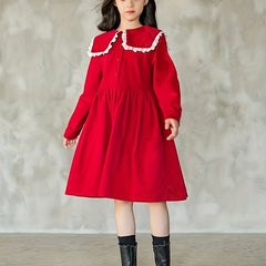 Girls Cotton Collar Dress Preppy Style Dresses For Party