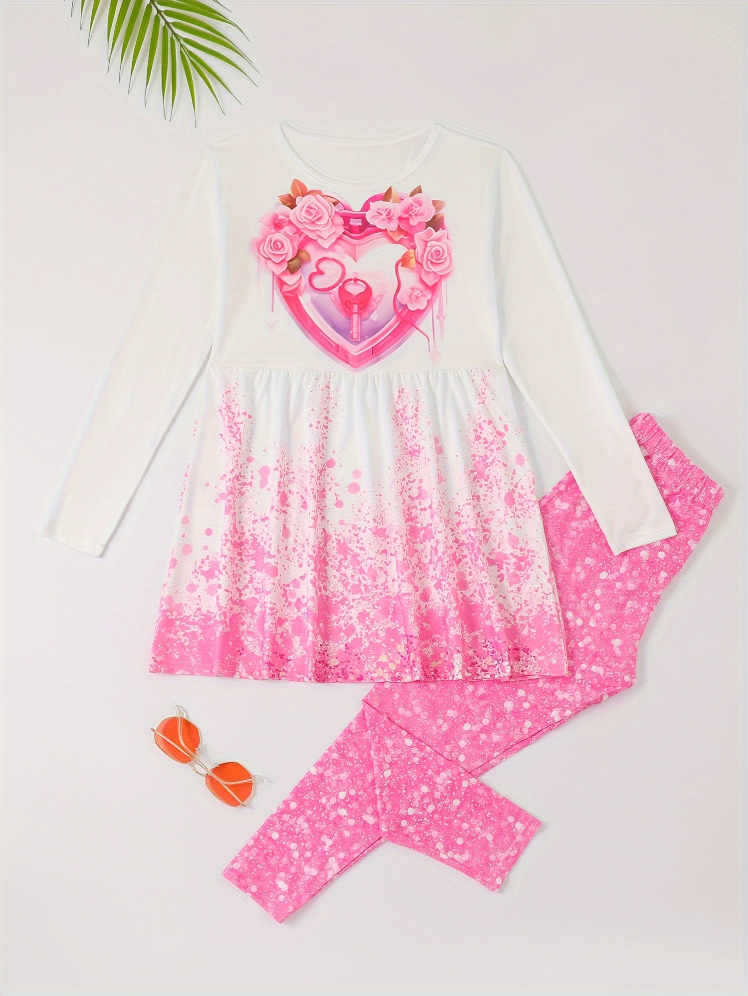 Girls Heart Graphic Long Sleeve Top Pants Set