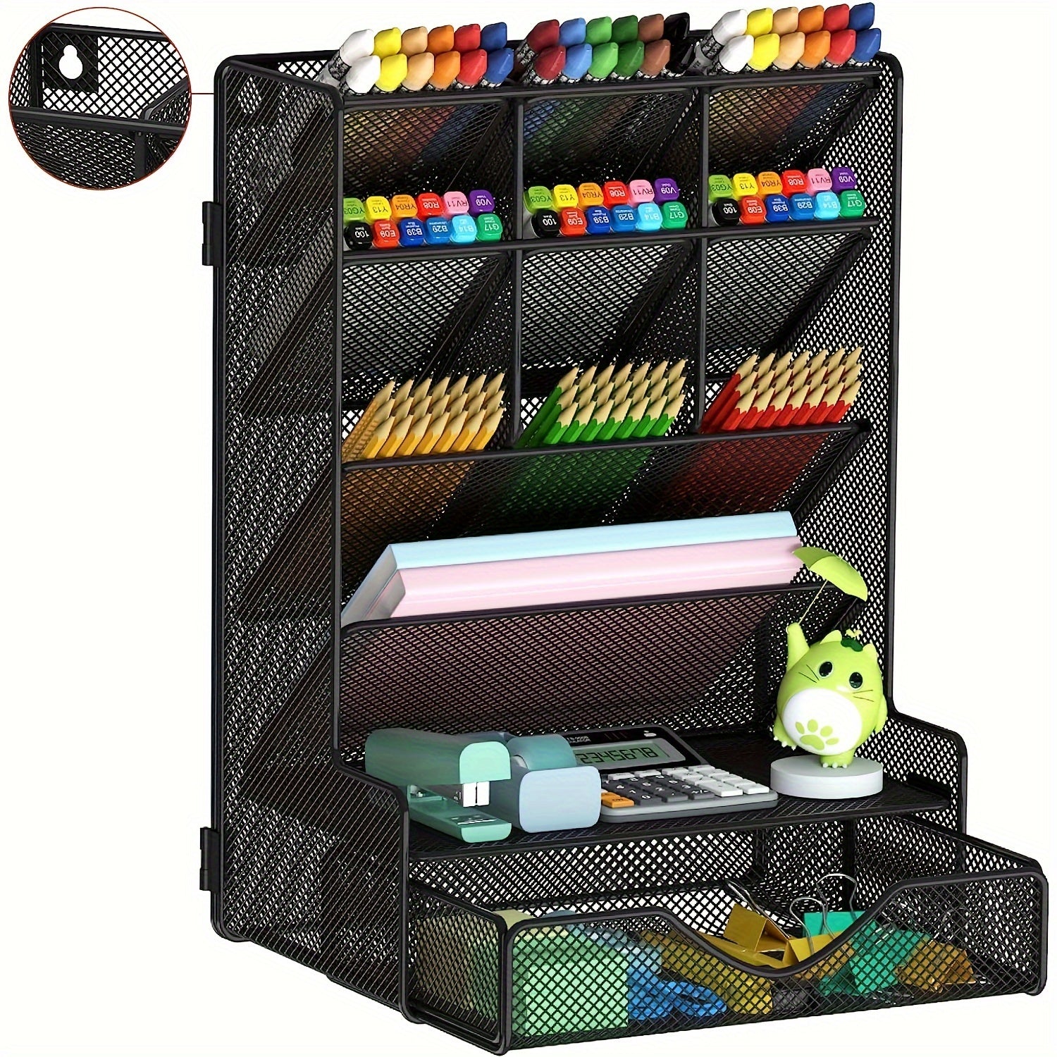Desk Pen Organizer with Drawer Wall Mount Holder