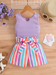 2pcs Toddler Girls Tank Top & Striped Shorts Set Summer Clothes