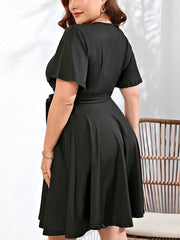 Solid Butterfly Sleeve Knee Length Dress With Pockets