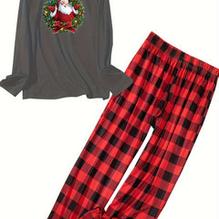 Santa Claus & Wreath Print Tee & Plaid Print Pajamas Set