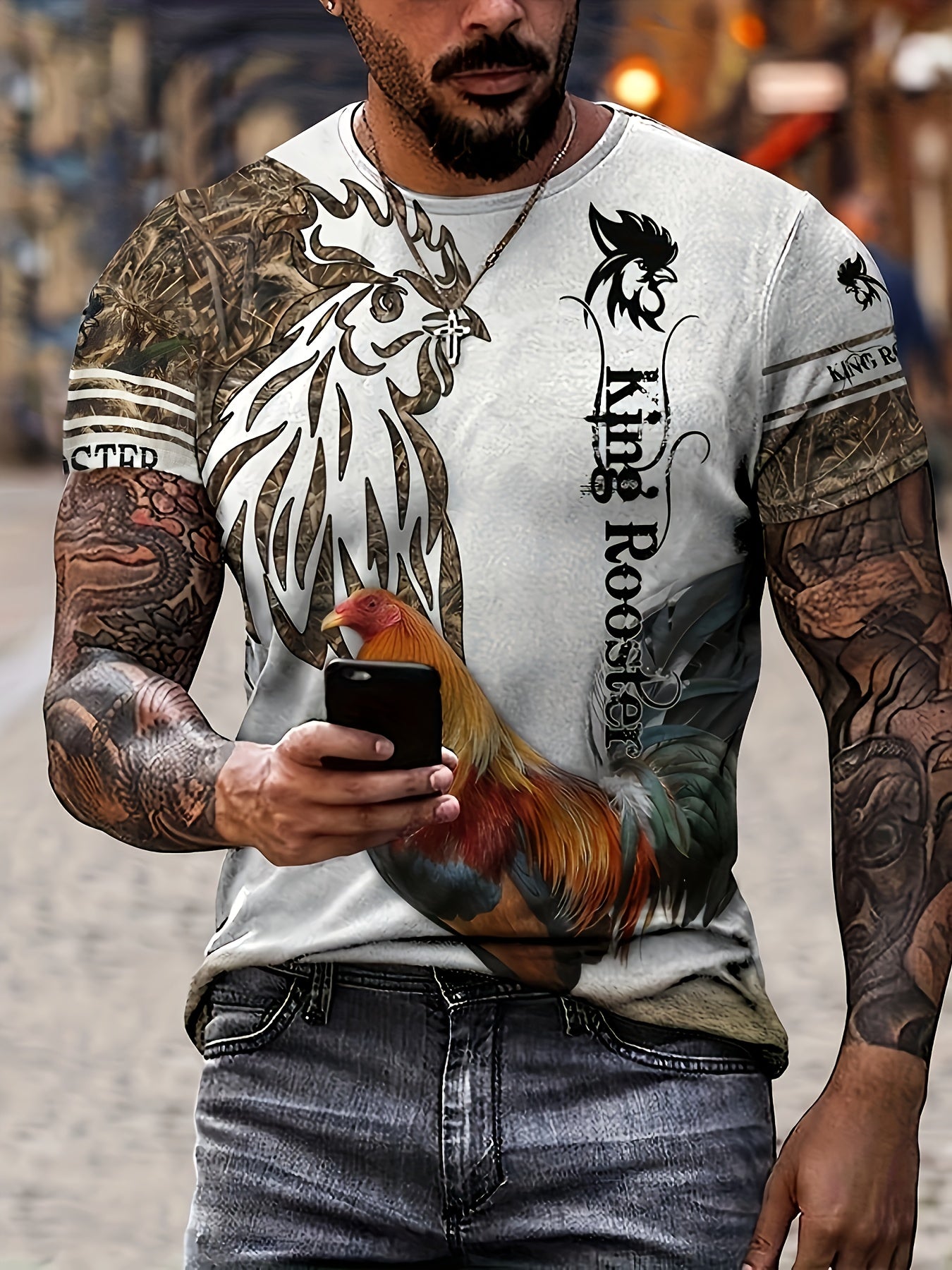 Rooster Pattern Print Men's Short Sleeve Comfy T shirt Graphic Tee