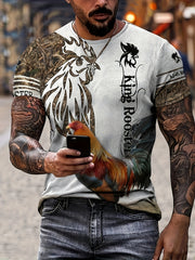 Rooster Pattern Print Men's Short Sleeve Comfy T shirt Graphic Tee