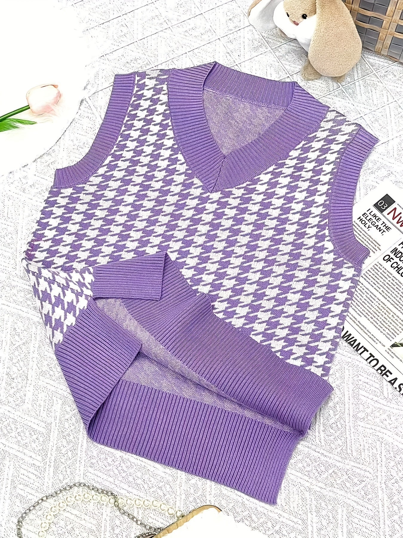 Girls Houndstooth V Neck Knitted Sweater Vest