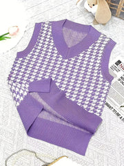 Girls Houndstooth V Neck Knitted Sweater Vest