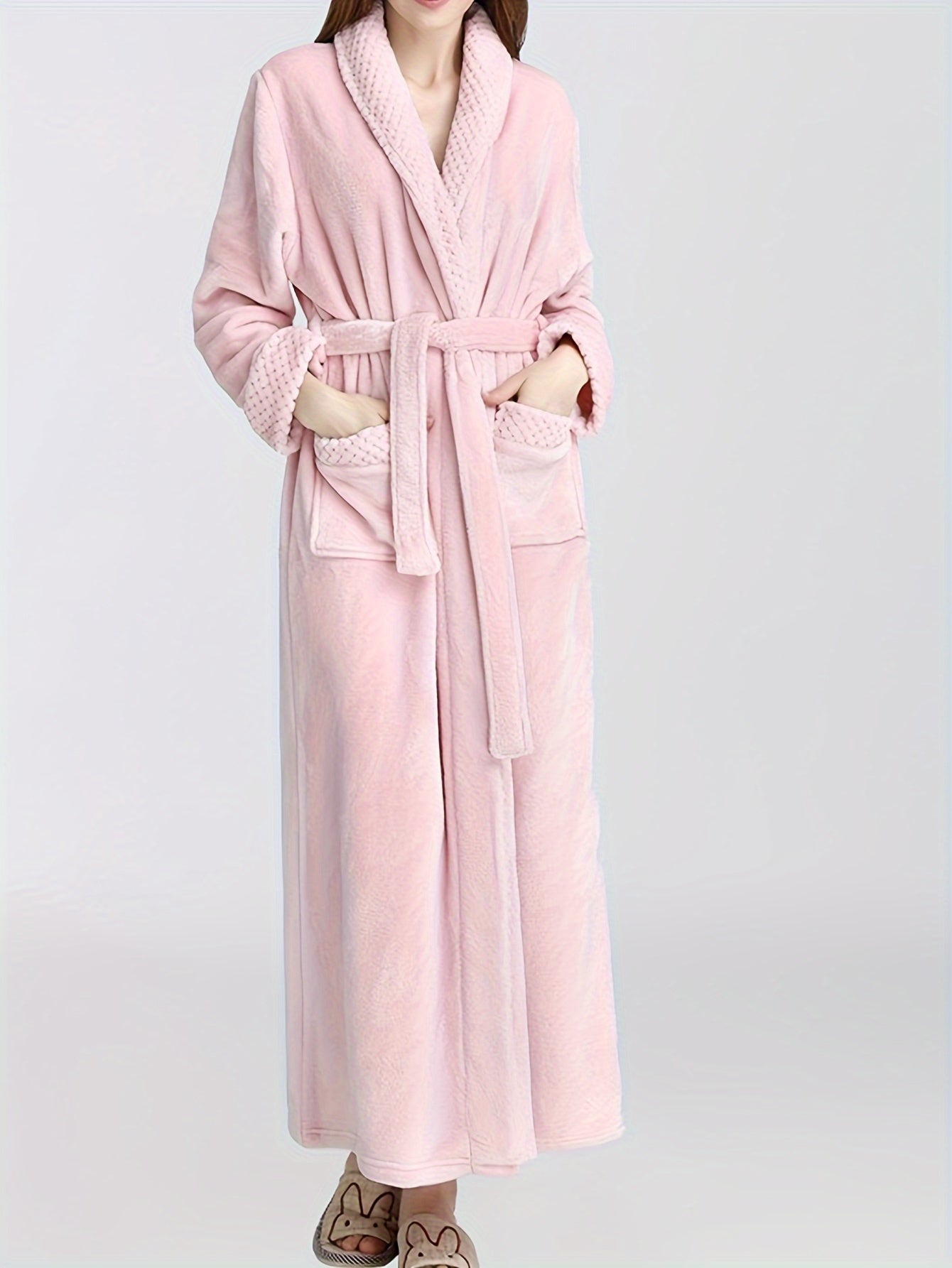 Cozy Long Sleeve Fuzzy Night Robe with Belt & Pockets