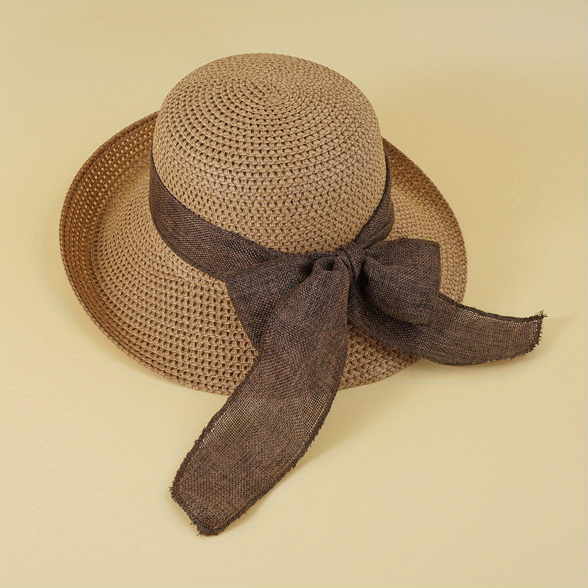 Rolled Brim Crochet Sun Hat Breathable Hollow Straw Hats Bowknot
