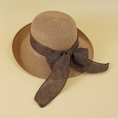 Rolled Brim Crochet Sun Hat Breathable Hollow Straw Hats Bowknot