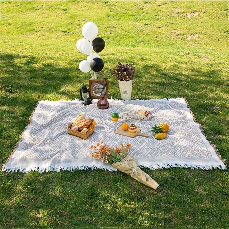 Retro Style Picnic Mat w/ Tassels, Foldable & Portable Lawn Mat