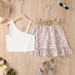 2pcs Girl Asymmetrical Neck Top And Floral Print Skirt Set Clothes