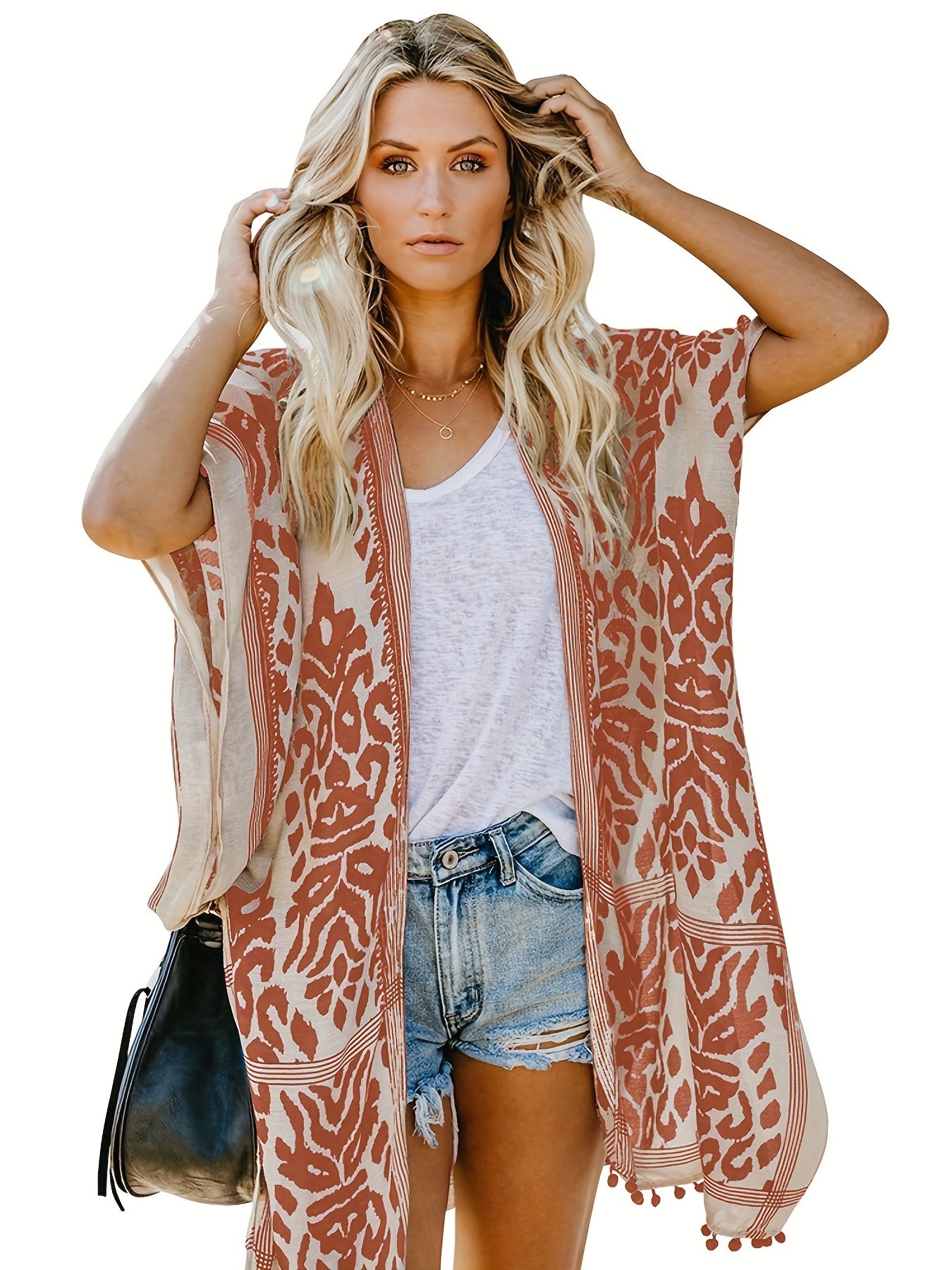 Graphic Print Pom Pom Trim Short Sleeve Cover Up