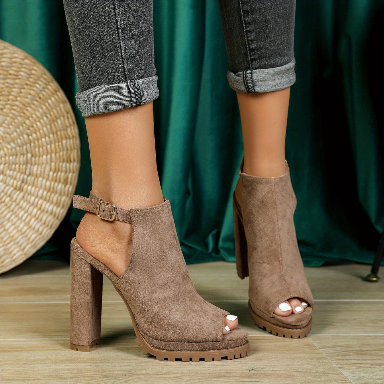 Chunky Heeled Sandals Open Toe Round Toe High Heels Women's Ankle Strap Shoes